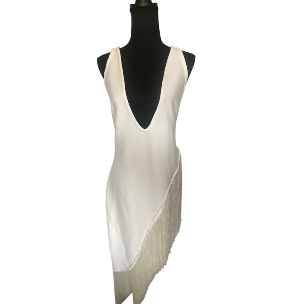 Akira Womens White Dress Deep V-Neck Asymmetrical Fringe Size 1X Stretchy